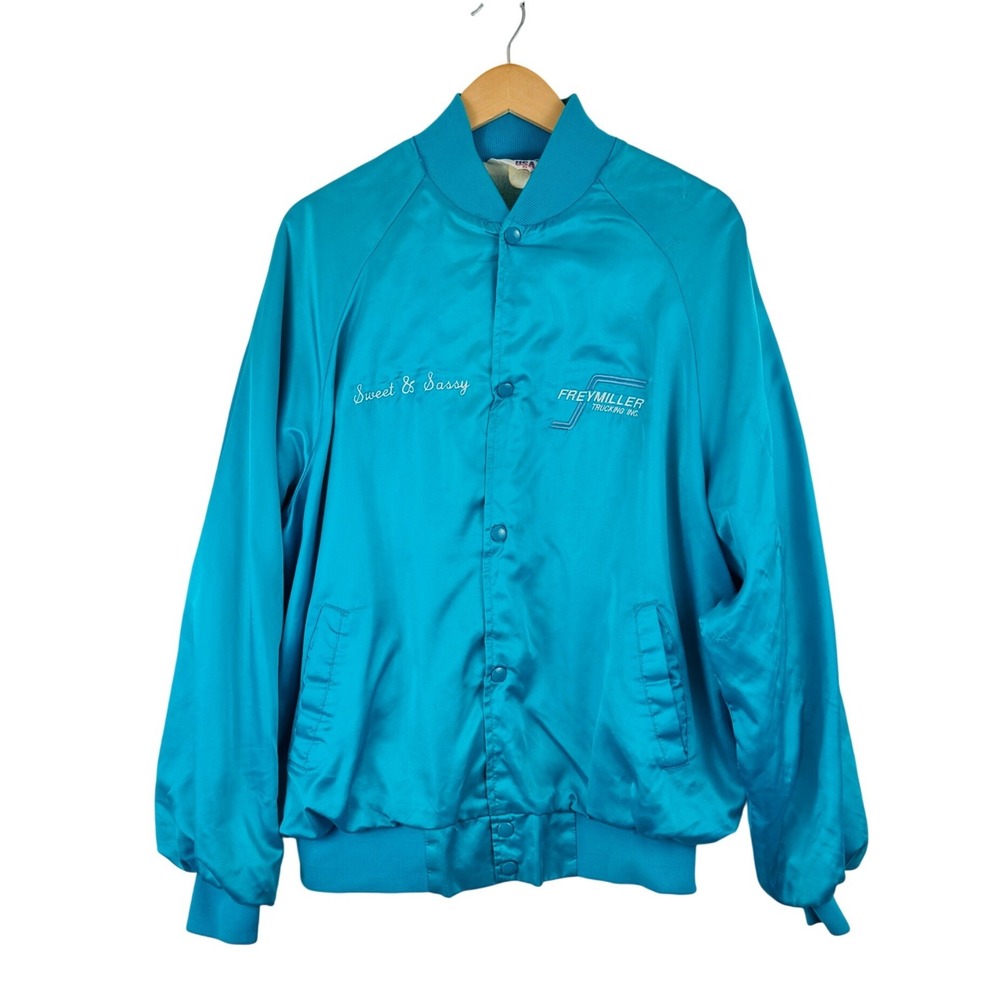 Vintage Freymiller Trucking Satin Bomber Jacket XL Turquoise Blue 90s Retro USA